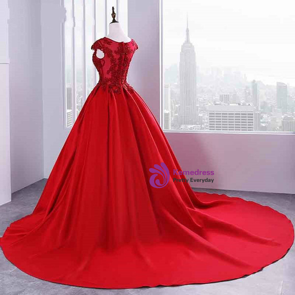 Satin Appliques Scoop Prom Dresses